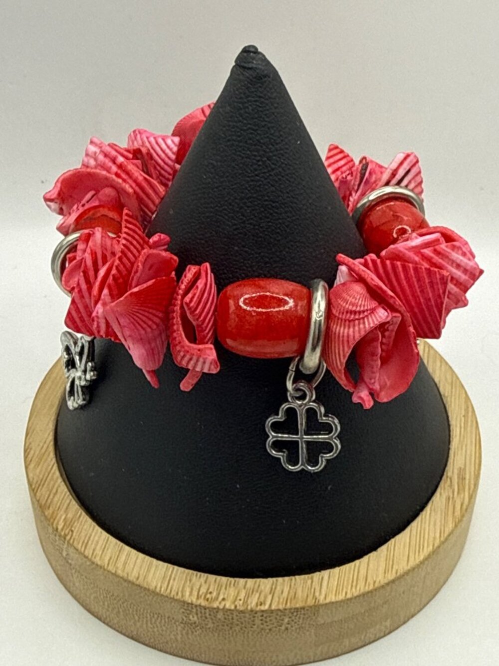 Vibrant Red Shell Nugget & Silver Clover Charm Beaded Stretch Bracelet
